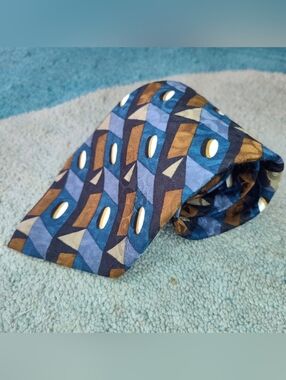 Ziggurat by Mulberry Neckwear 100% Silk Tie Blue Brown Geometric Vintage Necktie